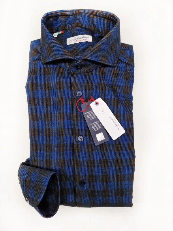 Camicia a quadri velluto blu brown cotone fantasia made in italy