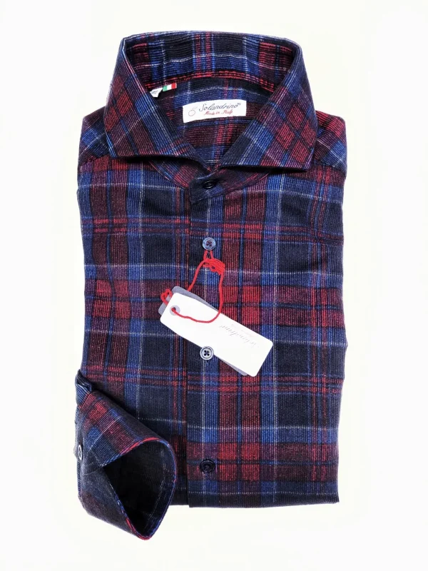 Camicia a quadri velluto scozzese blu rosso cotone fantasia check made in italy