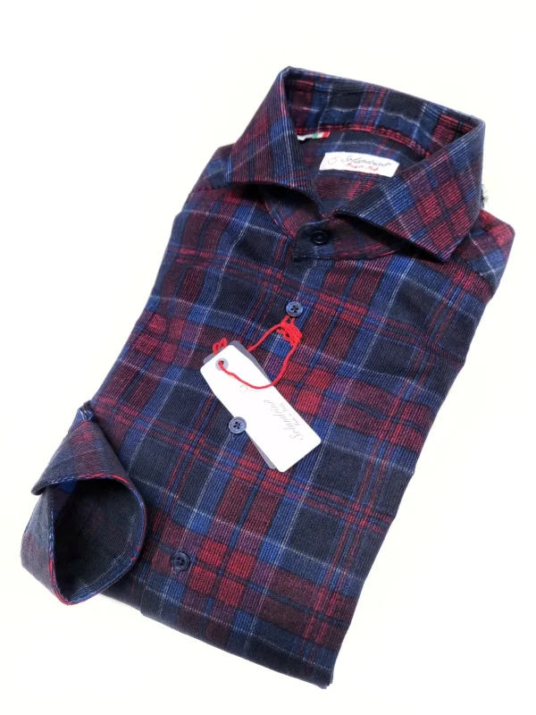 Camicia a quadri velluto scozzese blu rosso cotone fantasia check made in italy