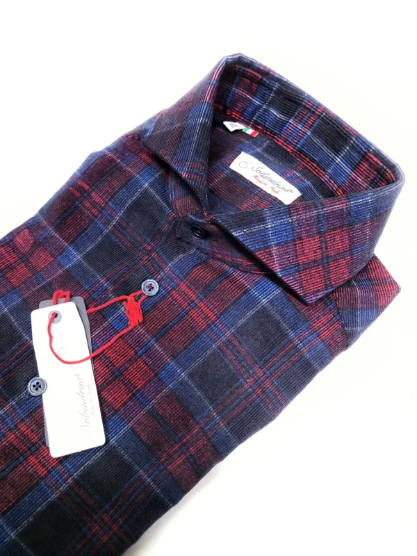 Camicia a quadri velluto scozzese blu rosso cotone fantasia check made in italy