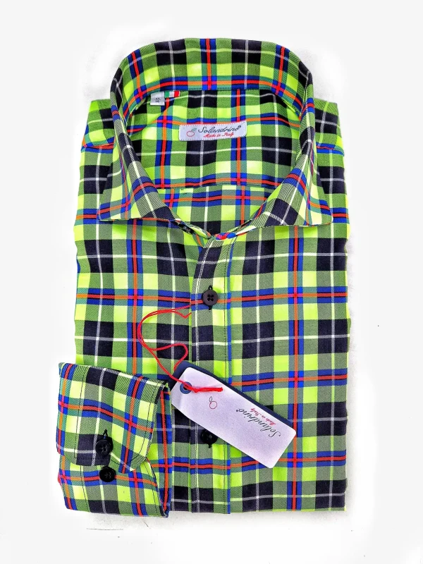 Camicia check Albini a quadri twill giallo fluo cotone fantasia check made in italy