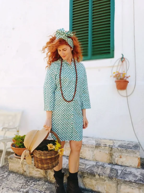 Camicia Donna Vestito camicione cotone fantasia geometrica verde bianca made in italy dress shirt