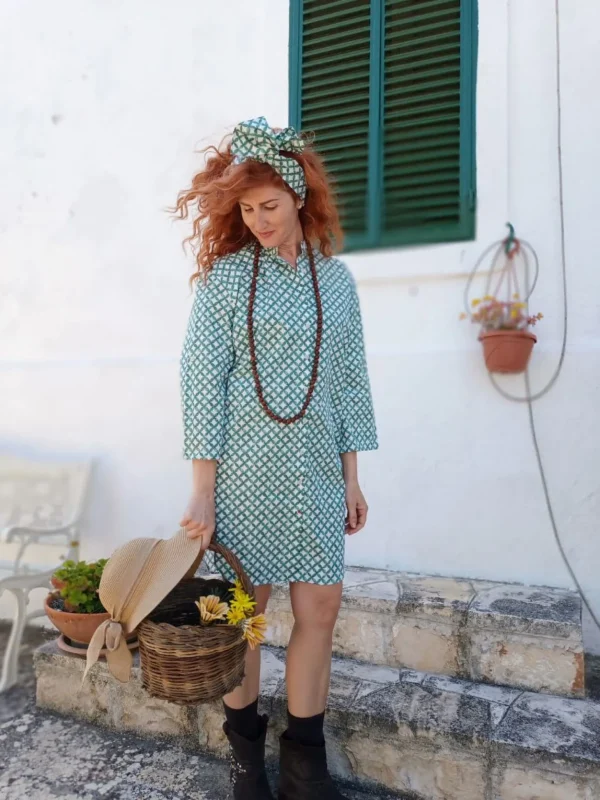 Camicia Donna Vestito camicione cotone fantasia geometrica verde bianca made in italy dress shirt