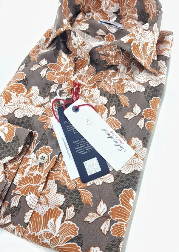 Camicia fantasia stampata viscosa morbidissima paisley giallo ocra tortora made in italy