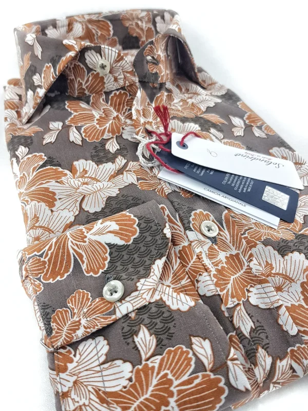 Camicia fantasia stampata viscosa morbidissima paisley giallo ocra tortora made in italy