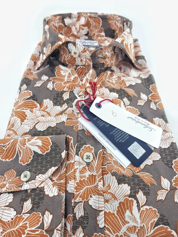 Camicia fantasia stampata viscosa morbidissima paisley giallo ocra tortora made in italy