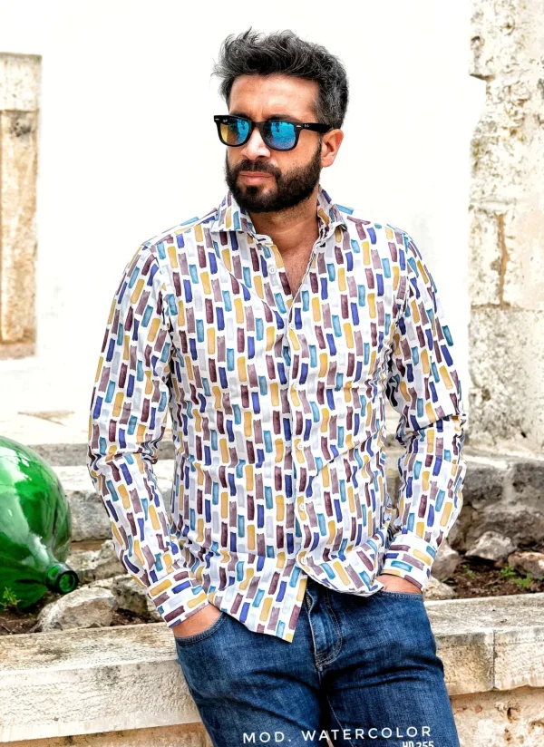 Camicia Fashion fantasia watercolor design puro cotone made in italy
