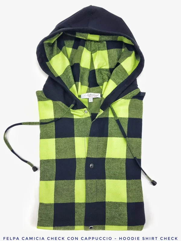 Camicia felpa a quadri con cappuccio verde nera scozzese  vaiella made in italy