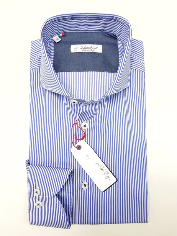 Camicia rigata puro cotone bianco azzurro con inserto in denim blu