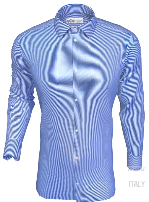 Camicia rigata puro cotone bianco azzurro con inserto in denim blu