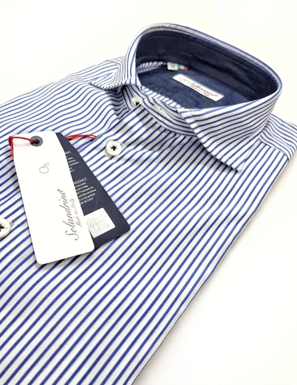 Camicia rigata puro cotone bianco blu con inserti in denim blu