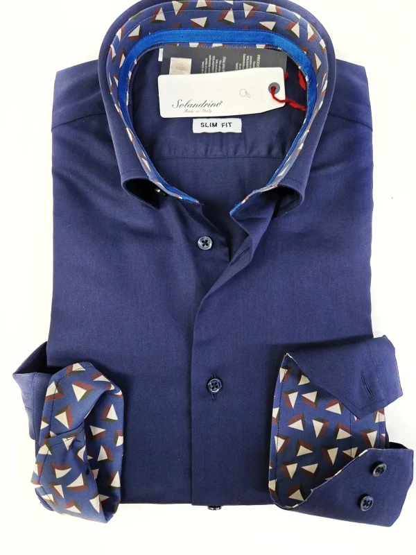 Camicia uomo blu con inserti  puro cotone made in Italy Blue Navy shirt