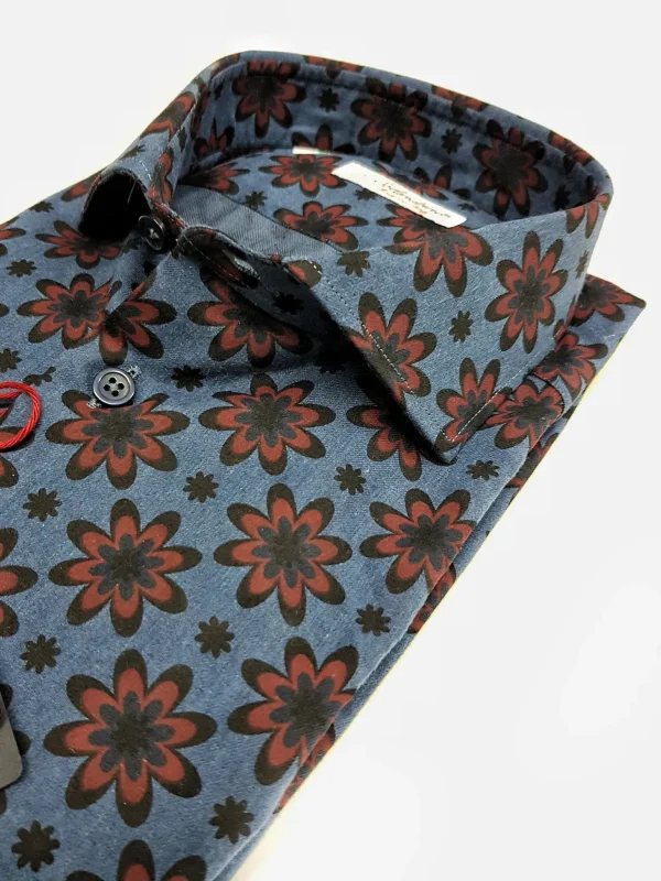 Camicia uomo DENIM blu FANTASIA FASHION BORDEAX puro cotone made in Italy Blue Navy shirt