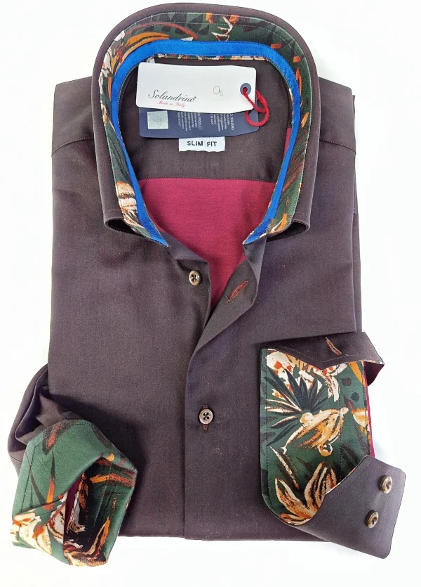 Camicia uomo marrone testa di moro con inserti  puro cotone made in Italy Brown shirt