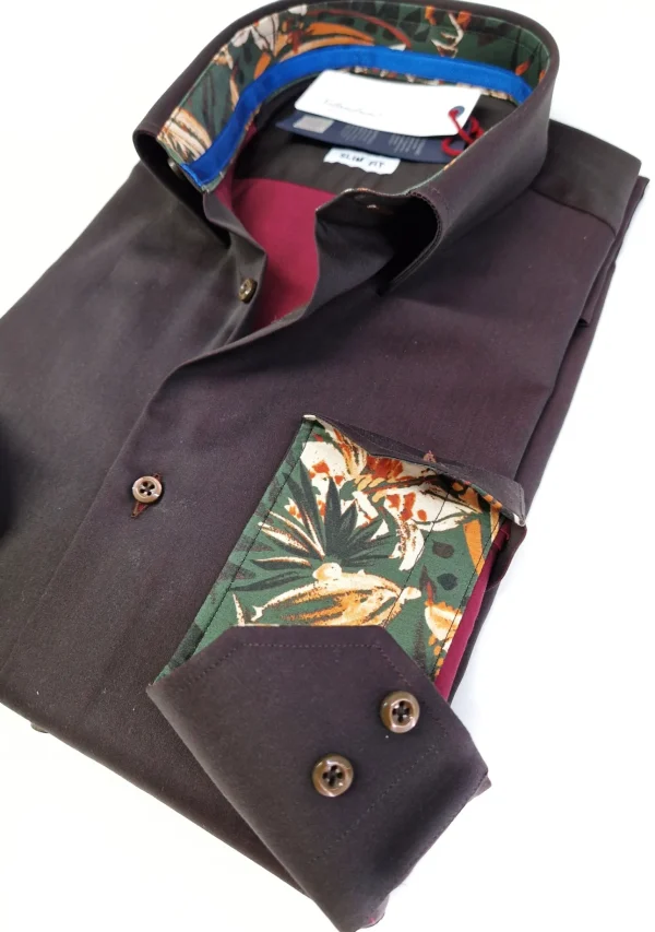 Camicia uomo marrone testa di moro con inserti  puro cotone made in Italy Brown shirt