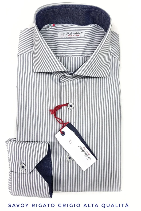 Camicia Uomo puro cotone a righe grigia alta qualità bacchettino rigato grigio titolo 120 made in italy