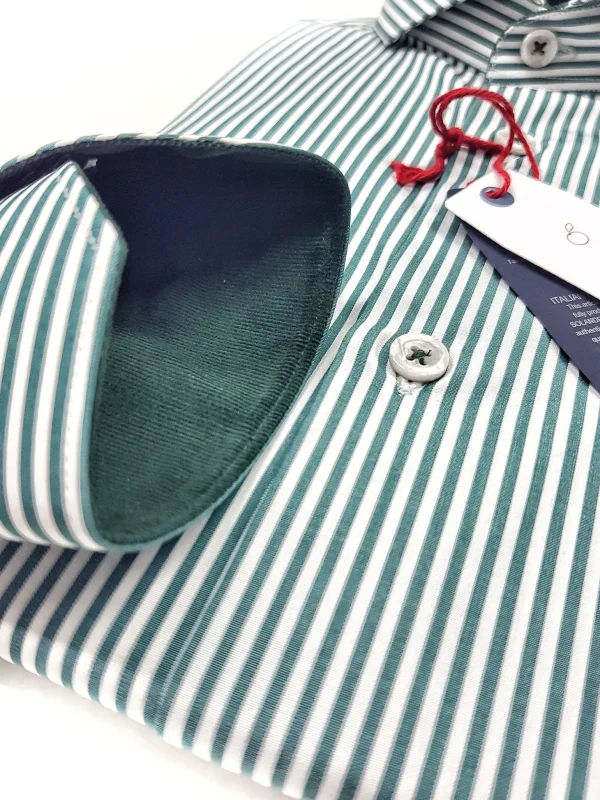 Camicia Uomo puro cotone a righe verdone verde inglese  alta qualità bacchettino rigato titolo 120 made in italy