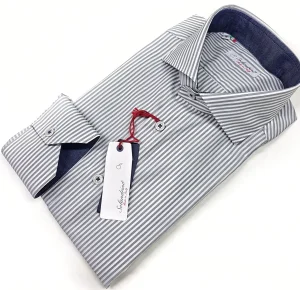 Camicia Uomo puro cotone a righe grigia alta qualità bacchettino rigato grigio titolo 120 made in italy
