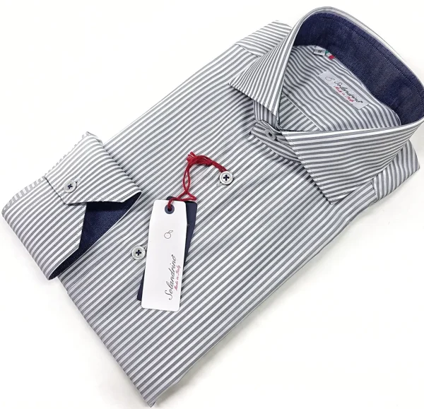 Camicia Uomo puro cotone a righe grigia alta qualità bacchettino rigato grigio titolo 120 made in italy