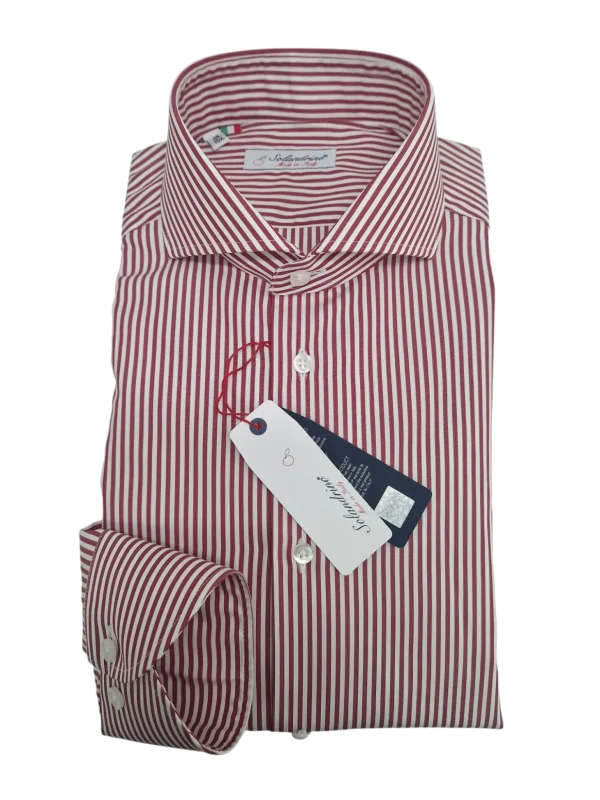 Camicia Uomo Rigato rosso bacchettino titolo 120 bordeaux alta qualità pari pari Made in Italy