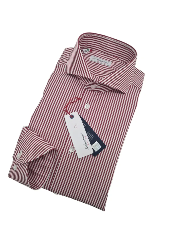 Camicia Uomo Rigato rosso bacchettino titolo 120 bordeaux alta qualità pari pari Made in Italy