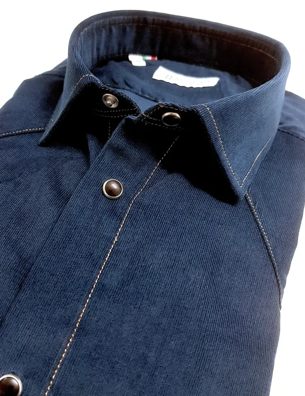 Camicia velluto blu texanina country bottoni automatici a pressione con doppia tasca e pattine