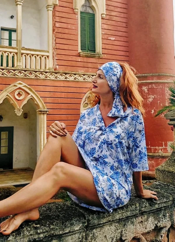 Copricostume Abito Camicia  Caftano donna fantasia paisley bianco azzurro viscosa lino Made in italy