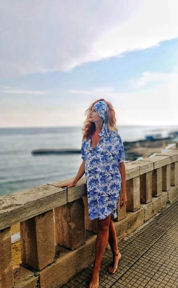 Copricostume Abito Camicia  Caftano donna fantasia paisley bianco azzurro viscosa lino Made in italy