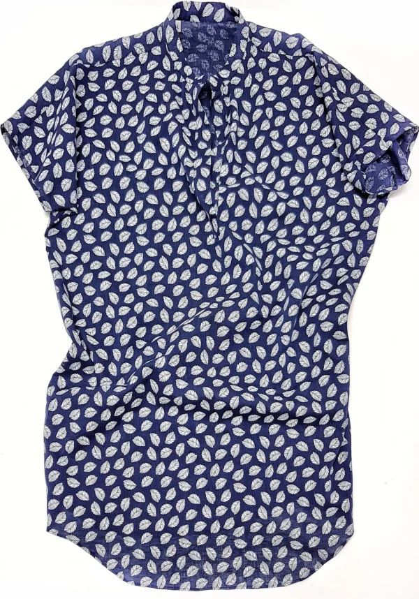 Copricostume Abito Camicia  Caftano donna fantasia foliage blu cotone lino Made in italy