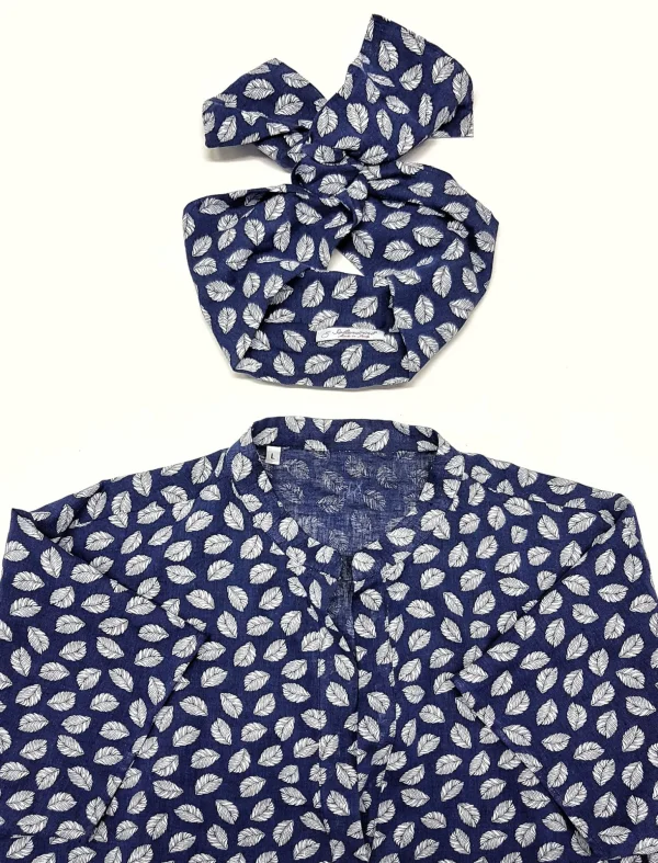 Copricostume Abito Camicia  Caftano donna fantasia foliage blu cotone lino Made in italy
