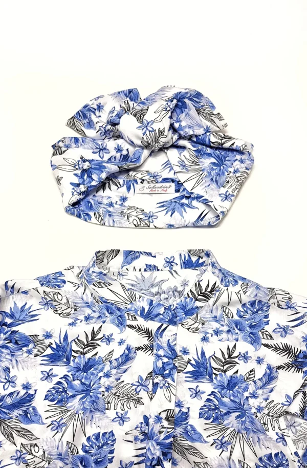 Copricostume Abito Camicia  Caftano donna fantasia paisley bianco azzurro viscosa lino Made in italy