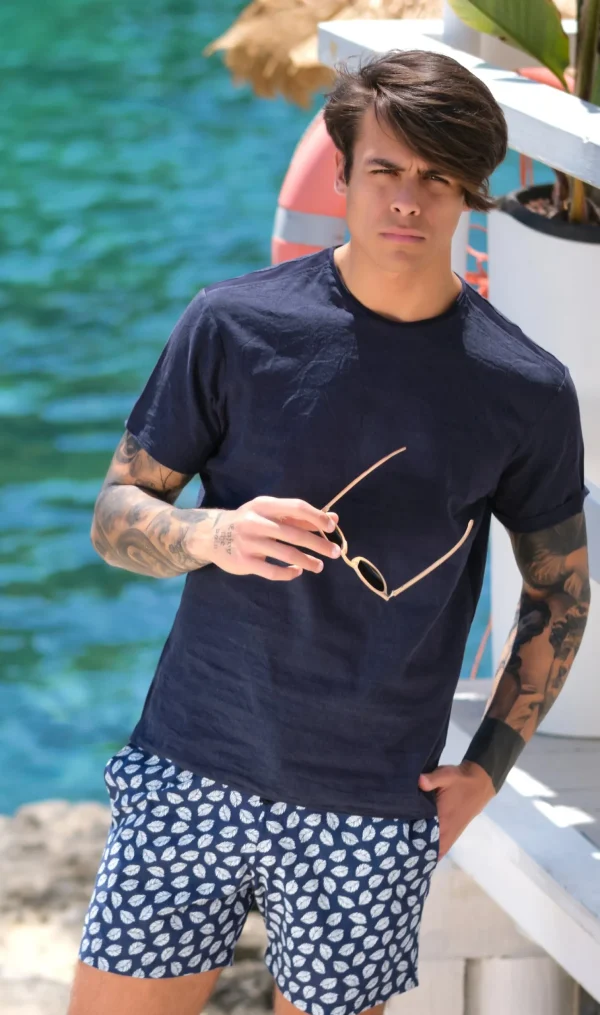 Costume da Bagno in Lino foliage abbinato a Tshirt in lino blu con inserti Box Mare slip interno Made in Italy