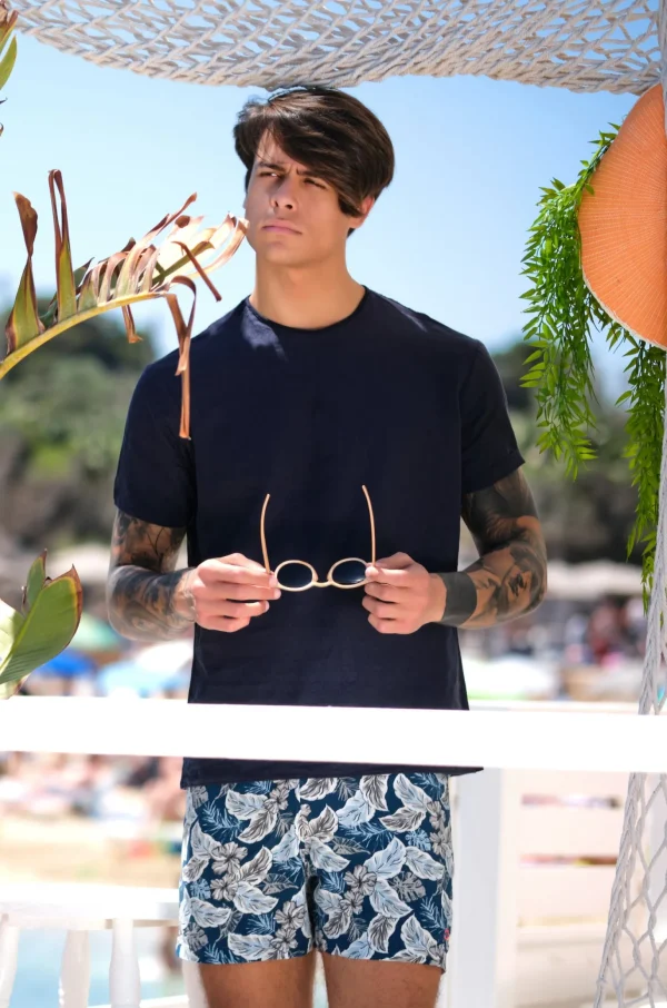 Costume da Bagno in soffice Viscosa Hawaii blu abbinato a Tshirt IN LINO blu con inserti Box Mare slip interno Made in Italy