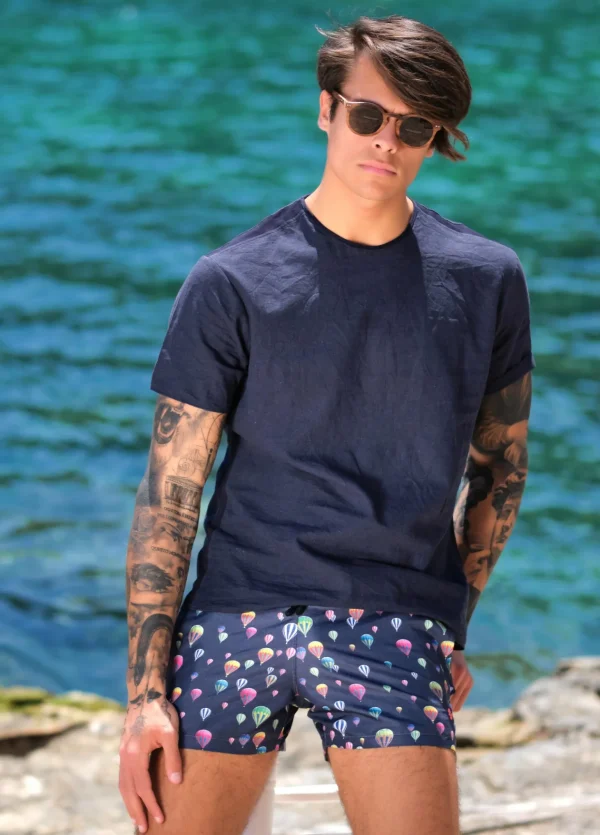 Costume da Bagno MONGOLFIERA BLU abbinato a Tshirt IN LINO blu con inserti Box Mare slip interno Made in Italy