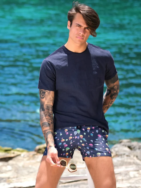 Costume da Bagno MONGOLFIERA BLU abbinato a Tshirt IN LINO blu con inserti Box Mare slip interno Made in Italy