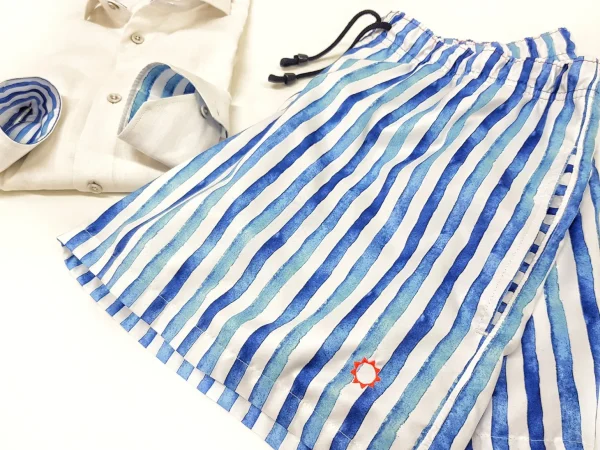 Costume da Bagno morbido tessuto slip interno  asciugatura rapida Boxer mare uomo fantasia Santorini con 2 tasche laterali Made in Italy