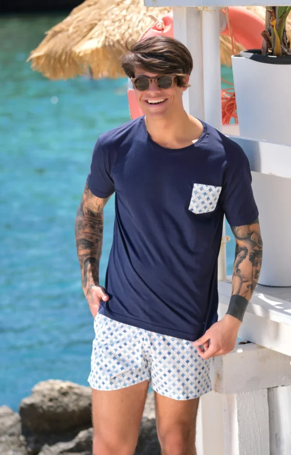 Costume da Bagno Naxos in cotone abbinato a Tshirt blu con inserti Box Mare slip interno Made in Italy