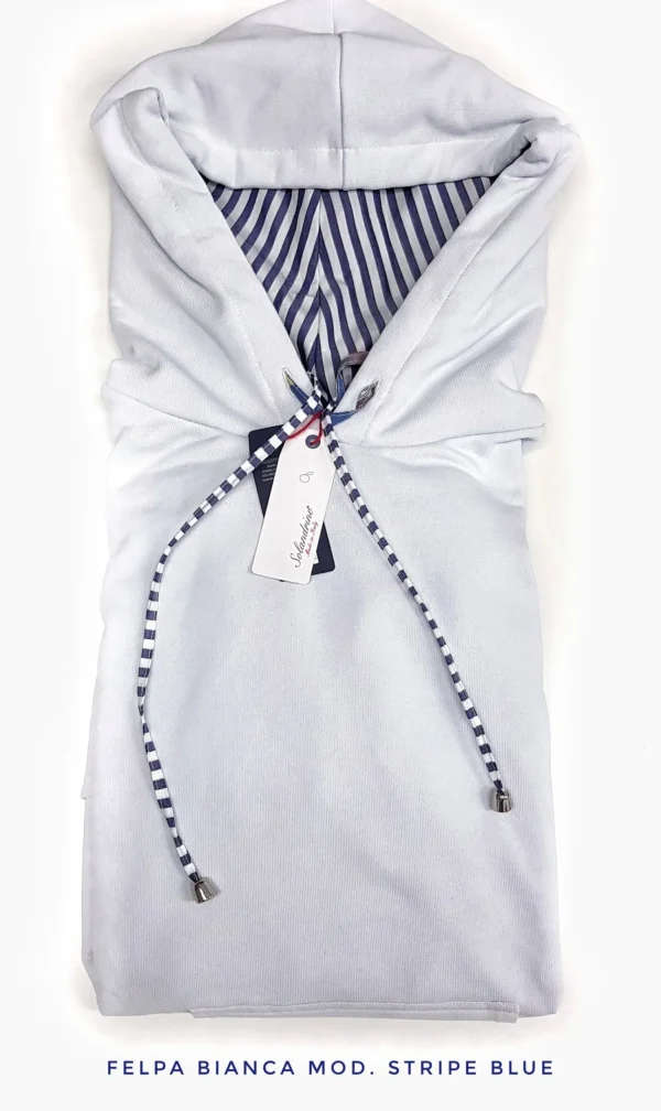 Felpa Bianca con Cappuccio Design rigato blu stripe made in Italy Fantasia  100% cotone - Sweatshirt hoodie