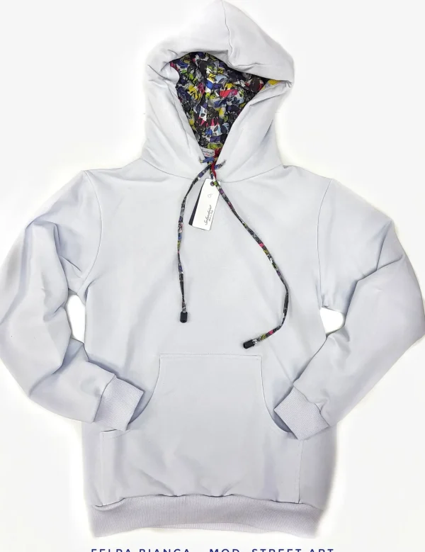 Felpa Bianca con Cappuccio Design Street art made in Italy Fantasia 100% cotone - Unisex Sweatshirt White Hoodie