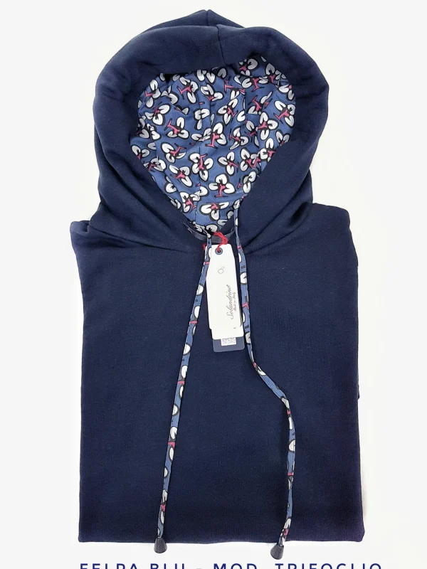 Felpa Blu con Cappuccio Design trifoglio made in Italy Fantasia 100% cotone -  Unisex Sweatshirt Blue Hoodie