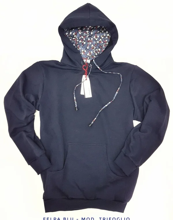 Felpa Blu con Cappuccio Design trifoglio made in Italy Fantasia 100% cotone -  Unisex Sweatshirt Blue Hoodie