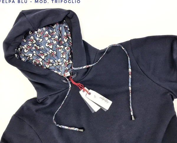 Felpa Blu con Cappuccio Design trifoglio made in Italy Fantasia 100% cotone -  Unisex Sweatshirt Blue Hoodie