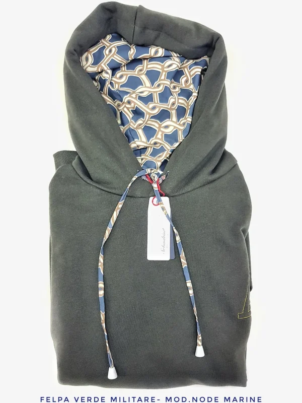 Felpa Verdone Militare con Cappuccio Design Node Marine made in Italy Fantasia 100% cotone - Unisex Sweatshirt Dark Green Hoodie