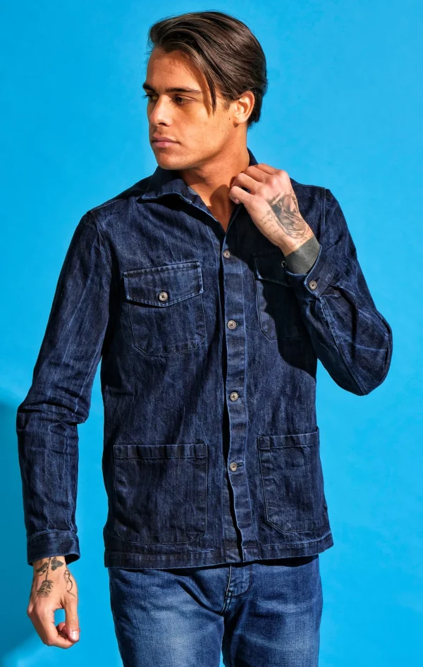 Giacca Overshirt Jeans Blu Sahariana Safari 4 tasche 100% denim navy blue  in