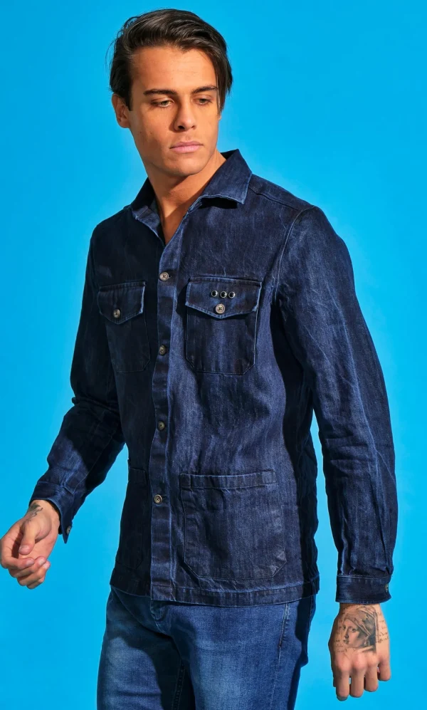 Giacca Overshirt Jeans Blu Sahariana Safari 4 tasche 100% denim navy blue  in