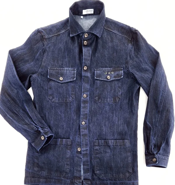 Giacca Overshirt Jeans Blu Sahariana Safari 4 tasche 100% denim navy blue  in