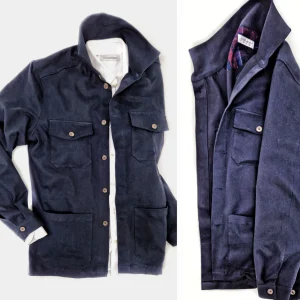 Giacca Overshirt Sahariana Safari Gabardina blu inserto scozzese 4 tasche 98% cotone 2%elastane  Made in italy