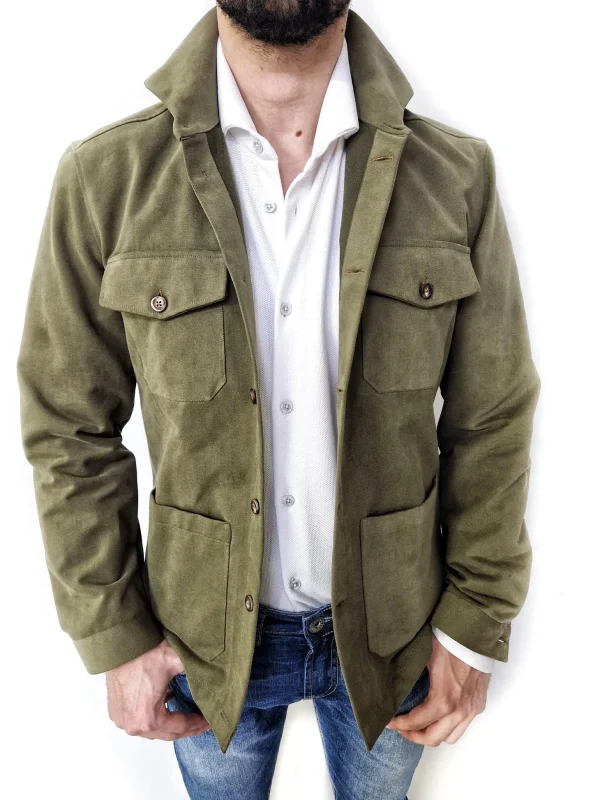 Giacca Overshirt  Sahariana Safari verdone militare 4 tasche gabardina 100% cotone Made in italy