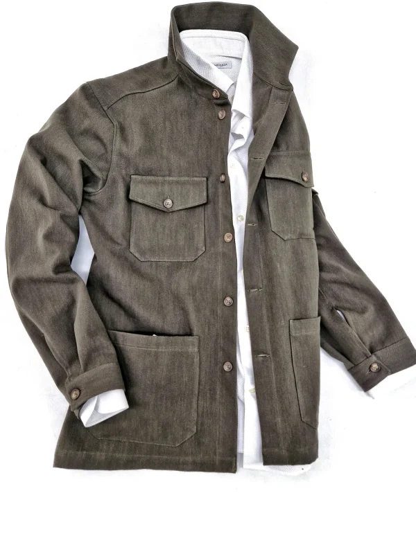 Giacca Overshirt Sahariana Safari kaki brown militare  4 tasche gabardina 100% cotone Made in italy