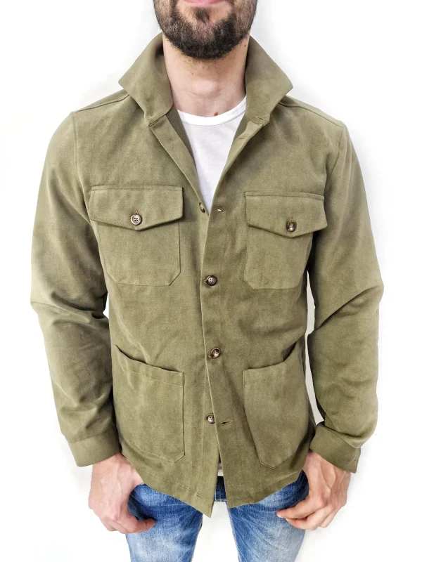 Giacca Overshirt  Sahariana Safari verdone militare 4 tasche gabardina 100% cotone Made in italy